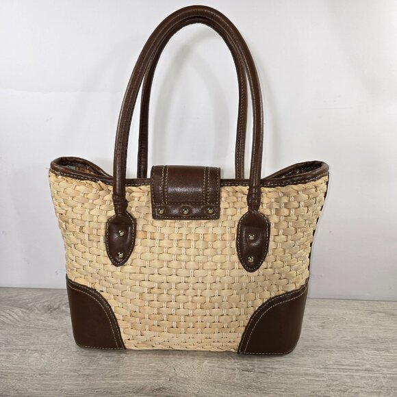 Chaps Straw Woven Shoulder Bag Purse Medium Brown Trim Charm Double Handle Rafia - Picture 2 of 9